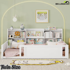 Twin size kids floor bed with storage shelves and fence frame