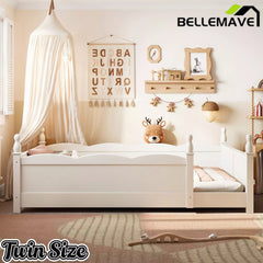 Bellemave® Floor Bed with Bookshelf & Safety Guardrails for Kids, Wooden Montessori Bed Frame with Childlike Design for Girls Boys Bellemave®