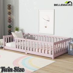 Bellemave® Twin Size Montessori Floor Bed for Kids,Twin Floor Bed Frame with Slats,Solid Wood Twin Bed Frame for Girls Boys,Grey Bellemave®