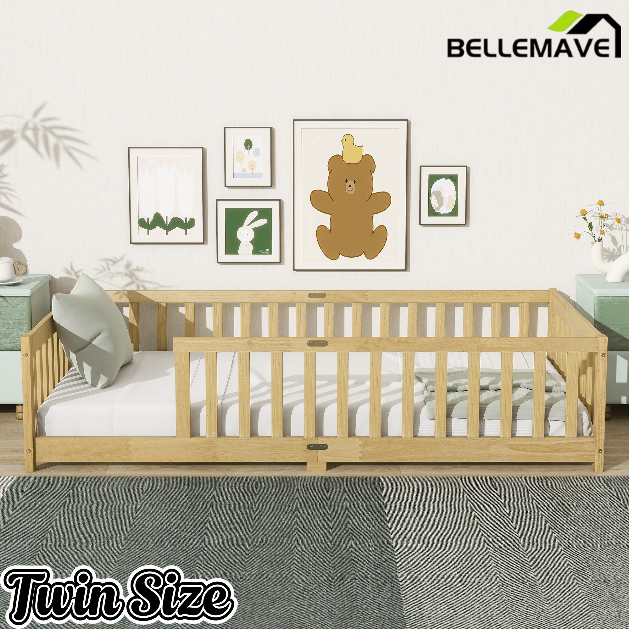 Bellemave® Twin Size Montessori Floor Bed for Kids,Twin Floor Bed Frame with Slats,Solid Wood Twin Bed Frame for Girls Boys,Grey Bellemave®