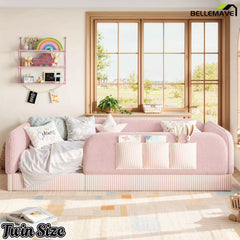 Bellemave® Kids Upholstered Floor Bed with Full Surround Safety Rails, Montessori Low Profile Bed with Teddy Fleece Frame & Side Storage Pocket