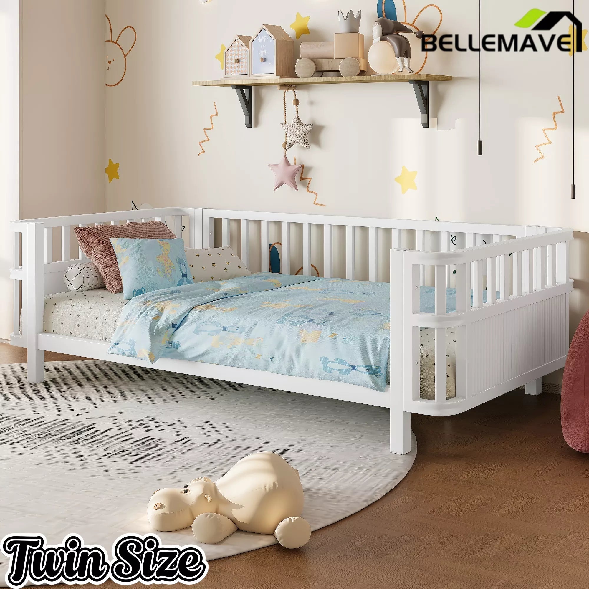 Bellemave® Montessori Floor Bed Frame with Removable Safety Rails – Solid Wood Low Profile Platform Bed for Kids Bellemave®