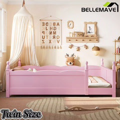 Bellemave® Floor Bed with Bookshelf & Safety Guardrails for Kids, Wooden Montessori Bed Frame with Childlike Design for Girls Boys Bellemave®
