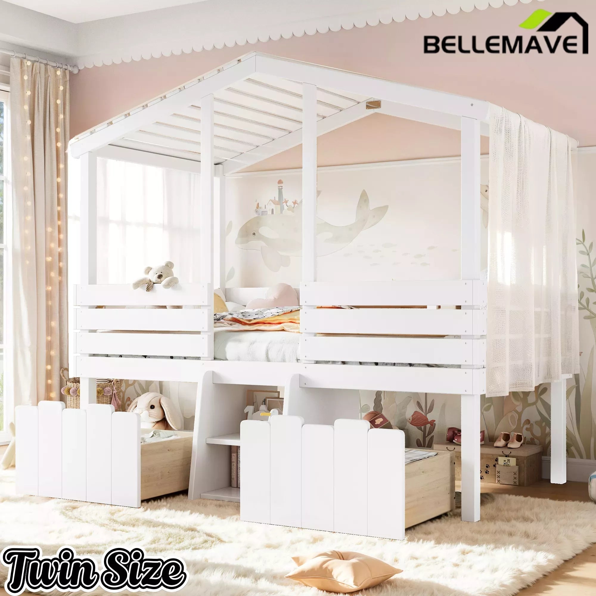 Bellemave® House Bed with Stairs & Storage Drawers for Kids, Wood Low Loft Bed Frame, House-shaped Roof, Childlike Design, Farmhouse Style Bellemave®