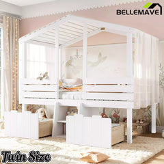 Bellemave® House Bed with Stairs & Storage Drawers for Kids, Wood Low Loft Bed Frame, House-shaped Roof, Childlike Design, Farmhouse Style Bellemave®