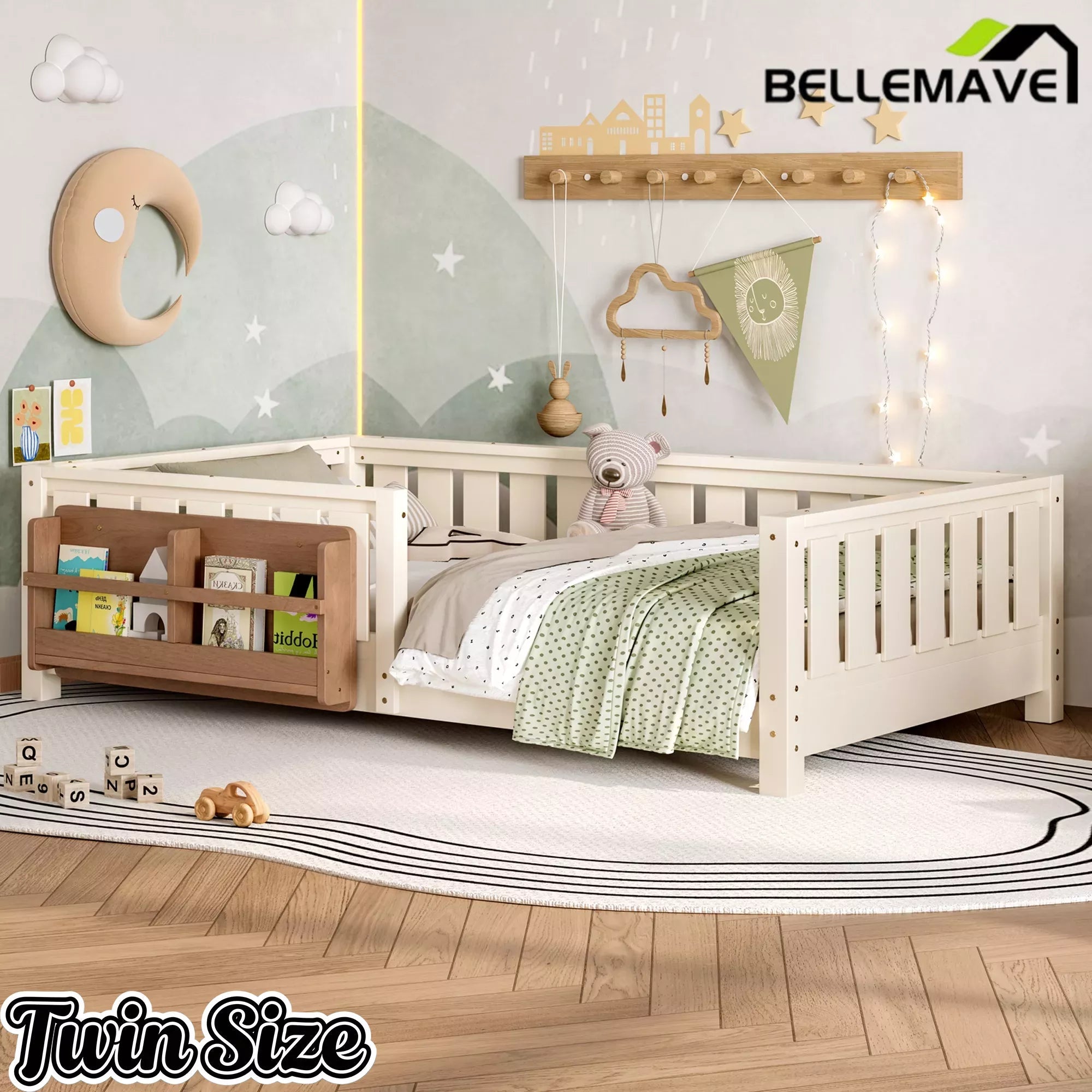 Bellemave® Kids Montessori Floor Bed with Safety Guardrails, Built-in Bookcase & Wooden Slats — Twin, Full, Queen Sizes Bellemave®
