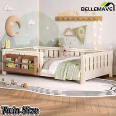 Bellemave® Kids Montessori Floor Bed with Safety Guardrails, Built-in Bookcase & Wooden Slats — Twin, Full, Queen Sizes Bellemave®
