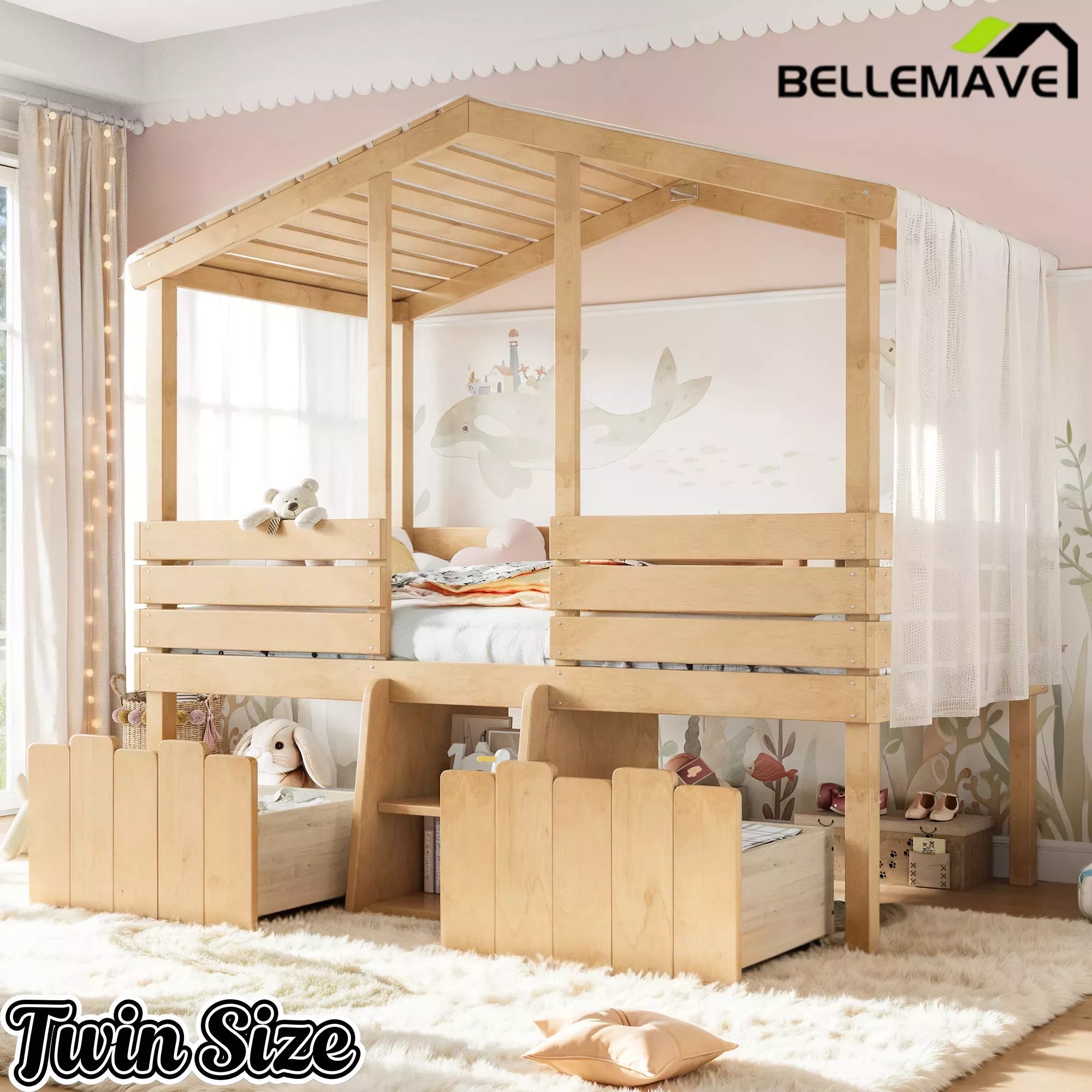 Bellemave® House Bed with Stairs & Storage Drawers for Kids, Wood Low Loft Bed Frame, House-shaped Roof, Childlike Design, Farmhouse Style Bellemave®