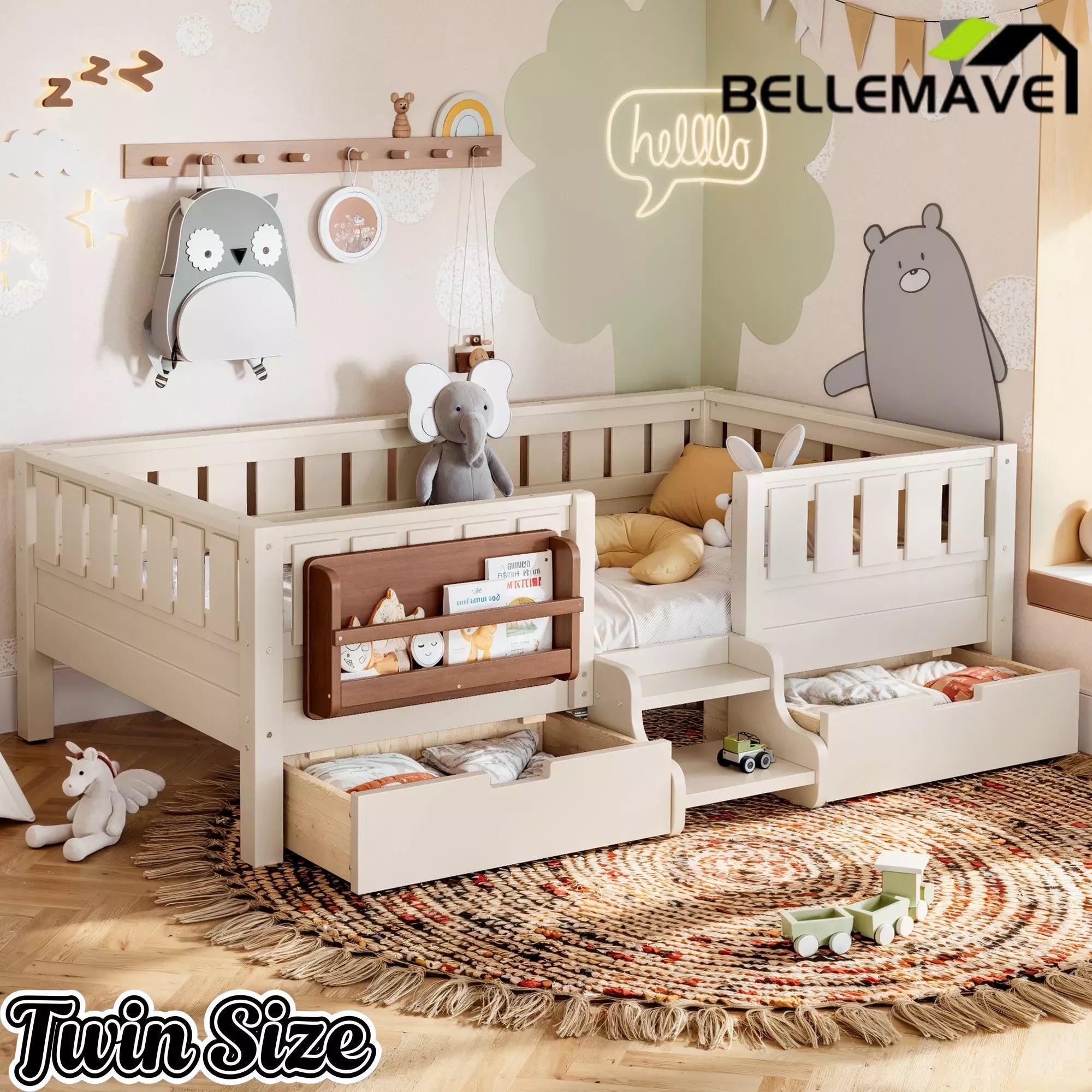 Bellemave® Montessori Bed with Stairs, Rails & Slats, Montessori Floor Bed with Bookshelf & 2 Storage Drawers for Girls & Boys Bellemave®