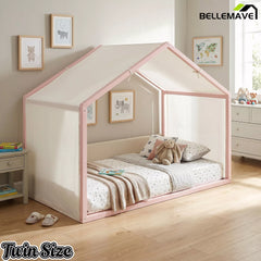 pink twin canopy bed with upholstered panels
