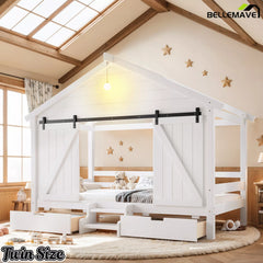 wooden kids house bed frame with staircase and farmhouse design