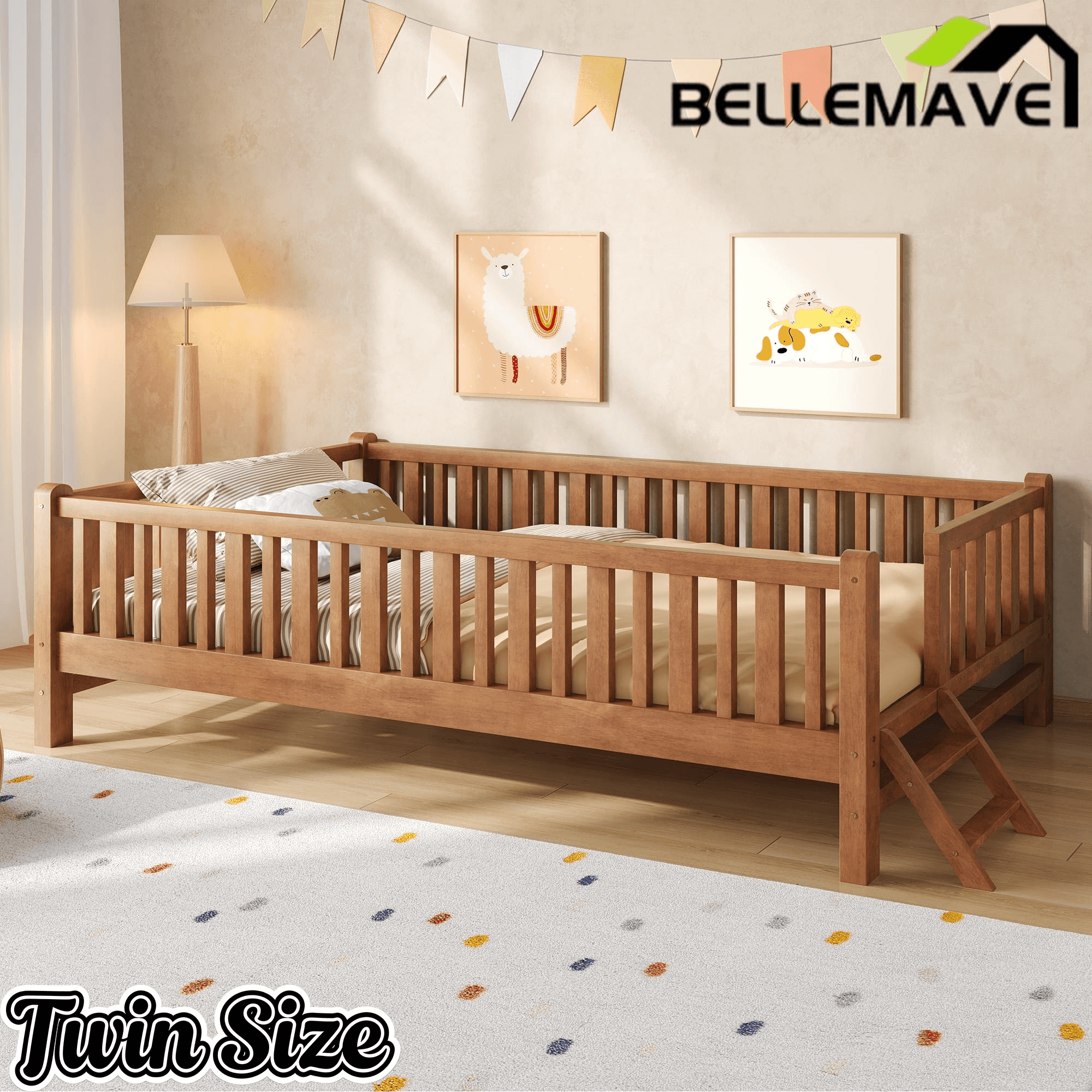 Bellemave® Wood Twin Size Platform Bed with Guardrail, Kids Bed Frame with Stairs Bellemave®