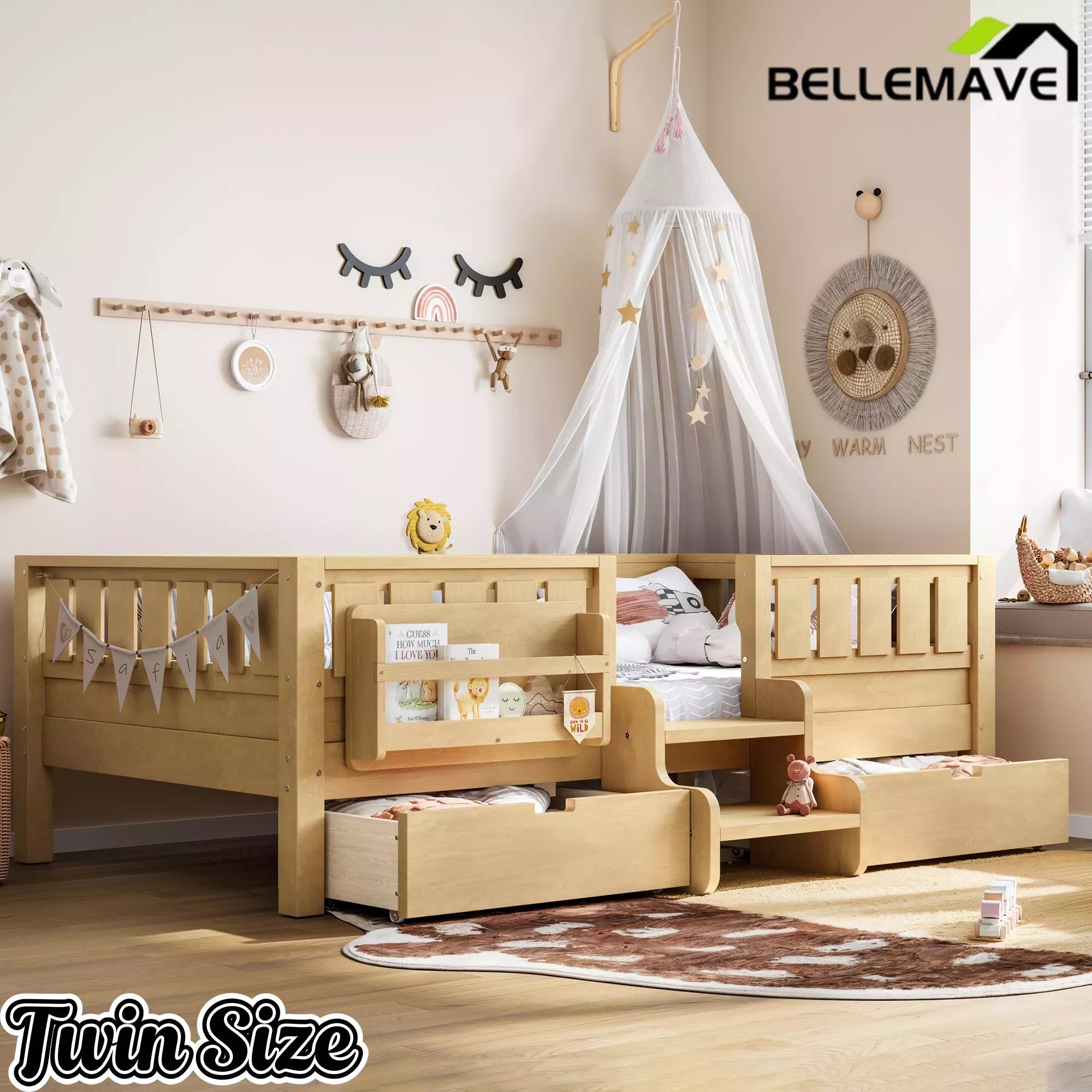 Bellemave® Kids Twin Size Montessori Bed Frame with Built-in Storage Shelves and Drawers, Floor Bed with Staircase and Full-Length High Rails,for Boys, Girls, Wood,Easy Assemble Bellemave®