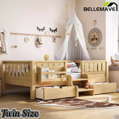 Bellemave® Kids Twin Size Montessori Bed Frame with Built-in Storage Shelves and Drawers, Floor Bed with Staircase and Full-Length High Rails,for Boys, Girls, Wood,Easy Assemble Bellemave®