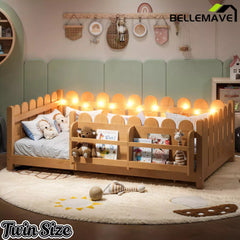 Bellemave® Solid Wood Montessori Floor Bed with High Fence Guardrails, Bookshelf & LED Light, Low Profile Kids Bed Frame Bellemave®