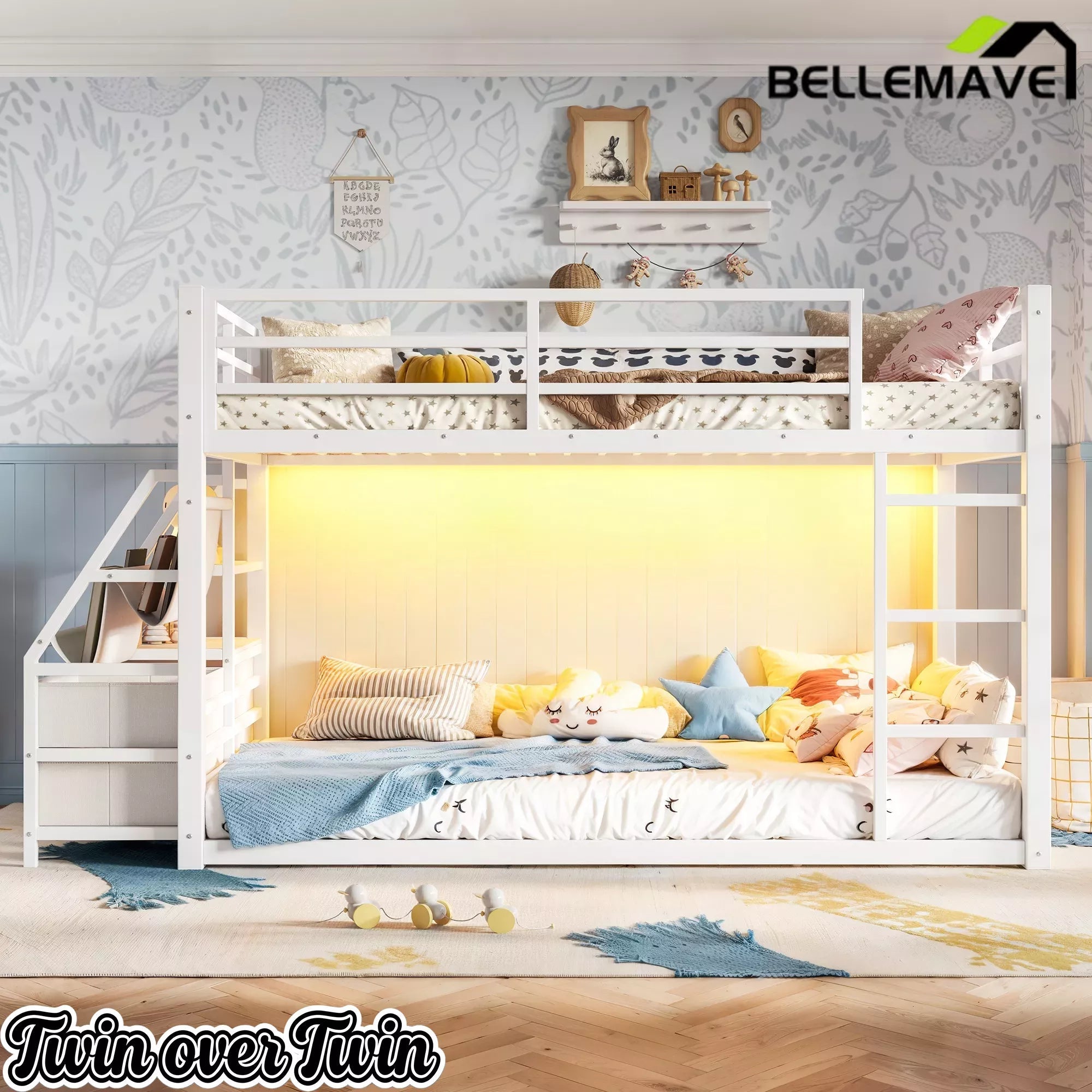 Bellemave® Twin over Twin Bunk Bed with LED, Storage Shelves & Drawer, Metal Floor Bunk Bed for Kids Bellemave®