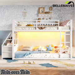Bellemave® Twin over Twin Bunk Bed with LED, Storage Shelves & Drawer, Metal Floor Bunk Bed for Kids Bellemave®