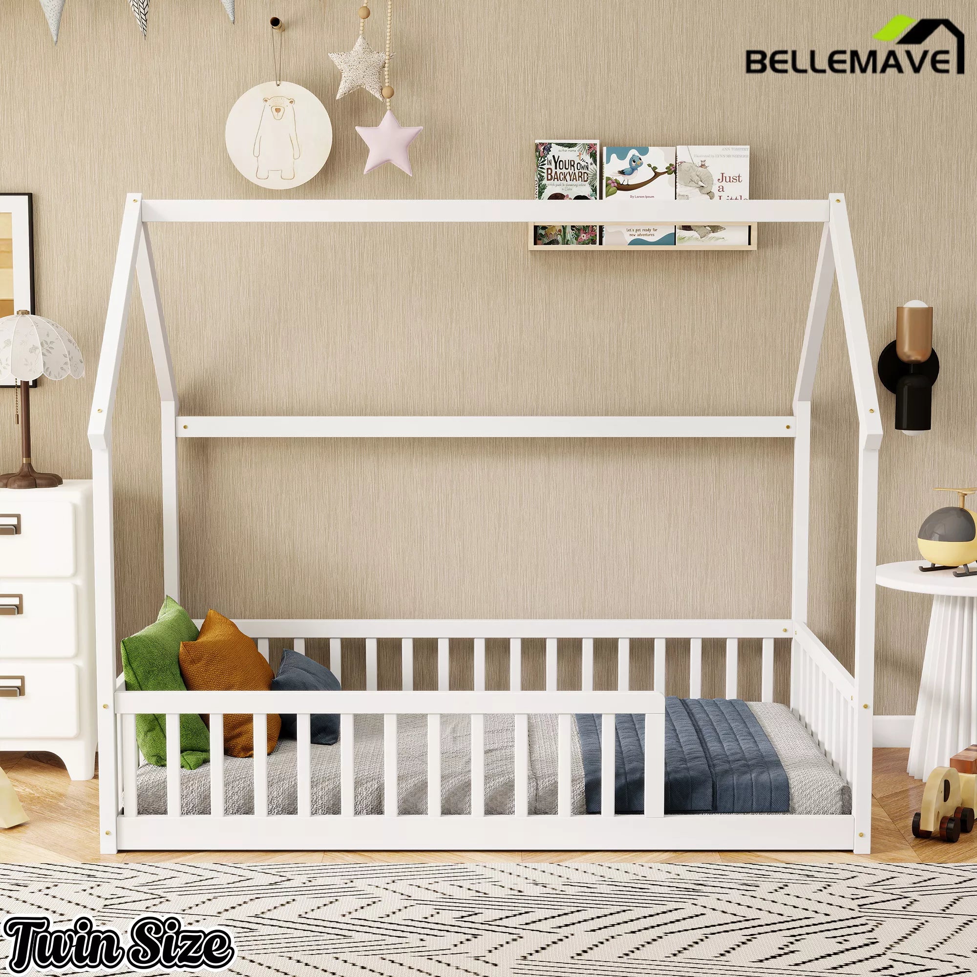 Bellemave® white wooden twin house floor bed frame with safety fence