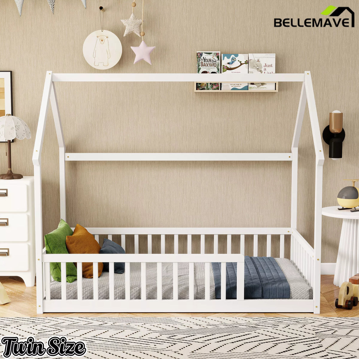 Bellemave® white wooden twin house floor bed frame with safety fence