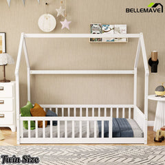 Bellemave® white wooden twin house floor bed frame with safety fence