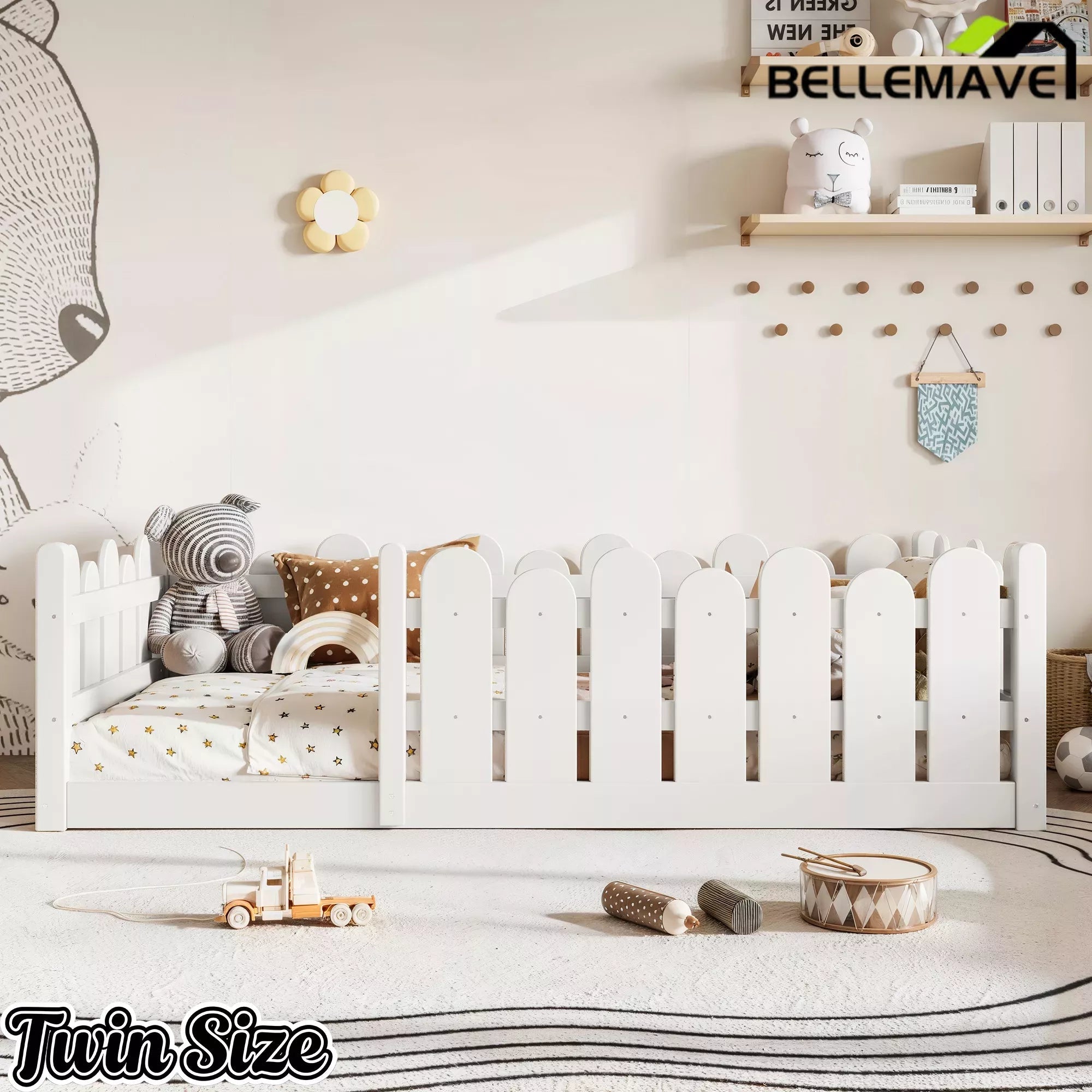 Bellemave® Kids Montessori Floor Bed with Rounded Safety Guardrail,Solid Wood Montessori Bed for Girls & Boys Bellemave®