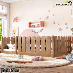 Bellemave® Solid Wood Montessori Floor Bed with Fence Guardrails, Low Profile Kids Floor Bed Frame