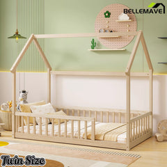Bellemave® natural twin house floor bed setup with decor