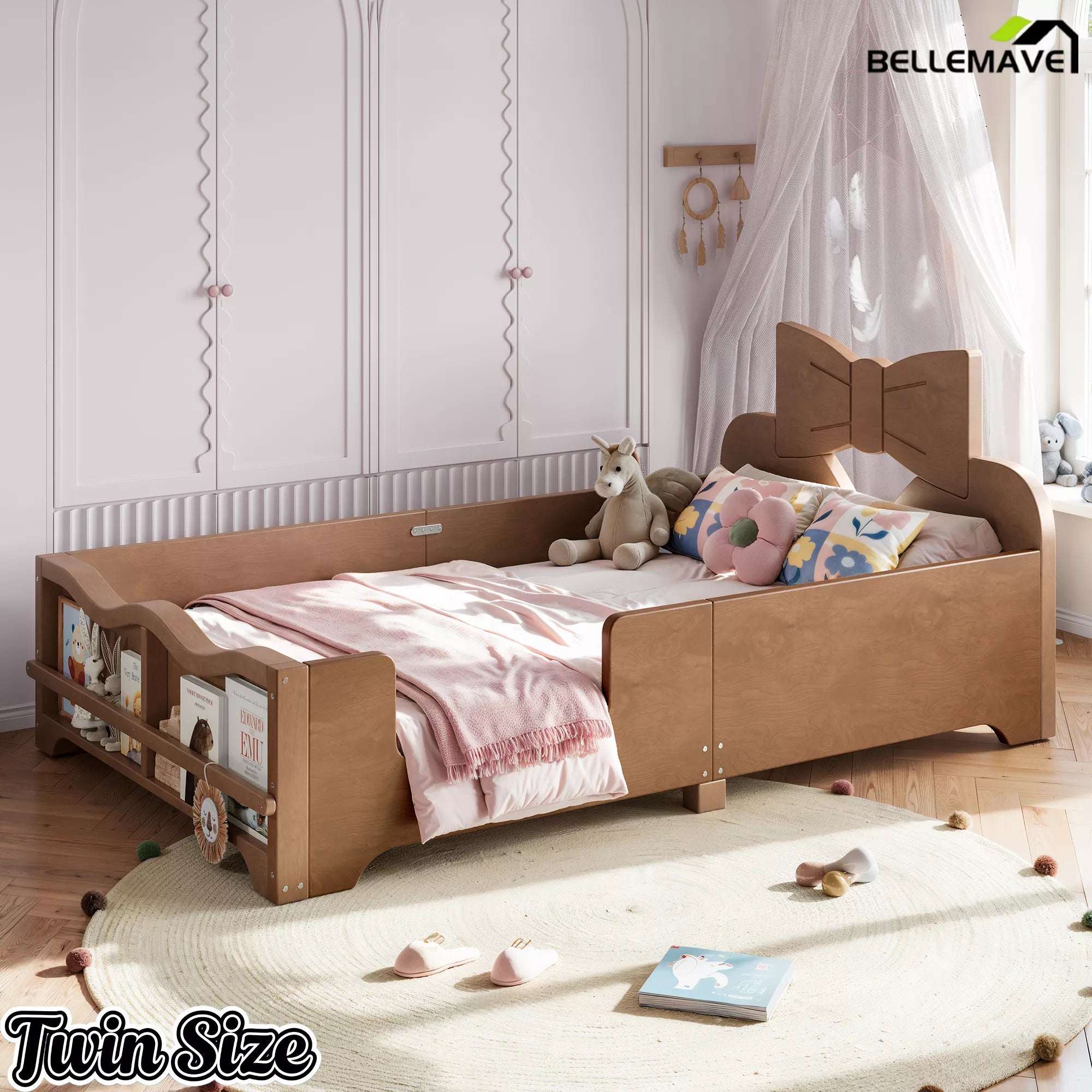 Side view walnut twin size Montessori children bed with bow‑shaped headboard, full perimeter safety rails and book shelf