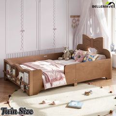 Side view walnut twin size Montessori children bed with bow‑shaped headboard, full perimeter safety rails and book shelf