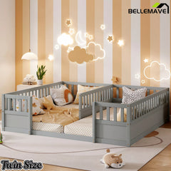Bellemave® Double Twin Floor Bed with Guardrails, Pine Wood Kids Floor Bed with Open Entrance, Semi-Enclosed Montessori Bed Frame