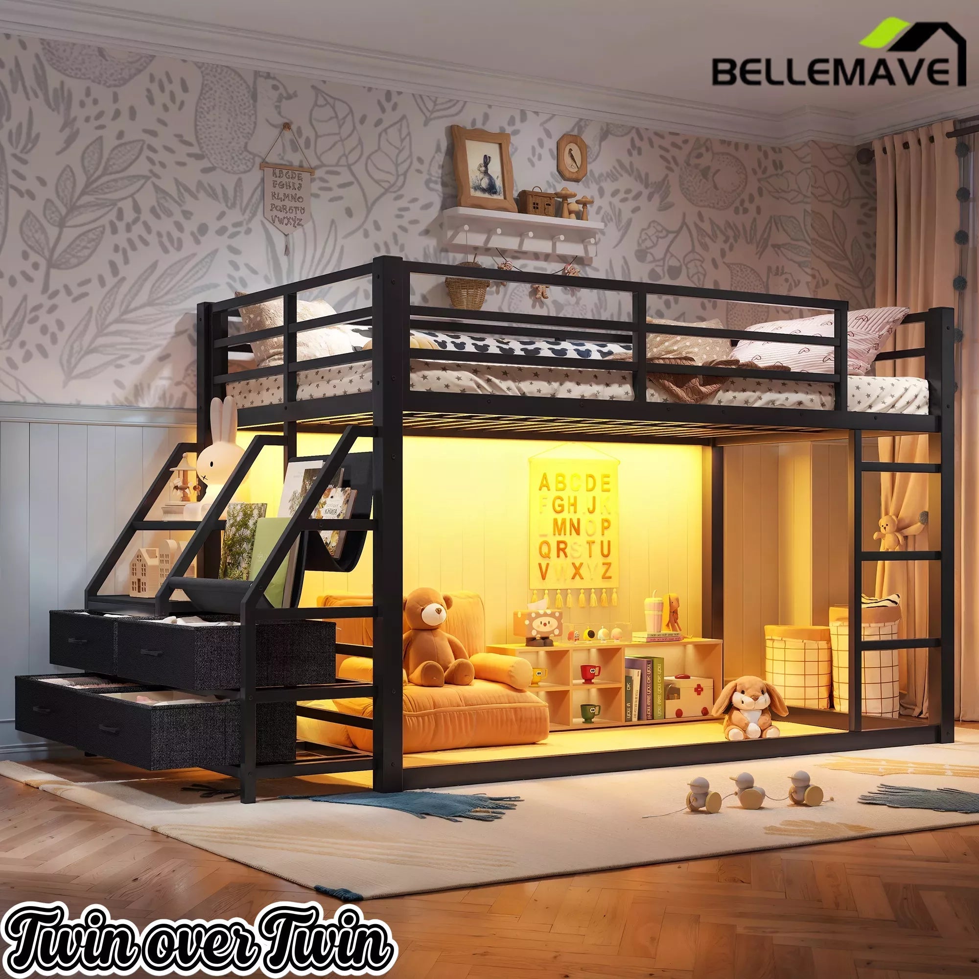 Bellemave® Twin over Twin Bunk Bed with LED, Storage Shelves & Drawer, Metal Floor Bunk Bed for Kids Bellemave®