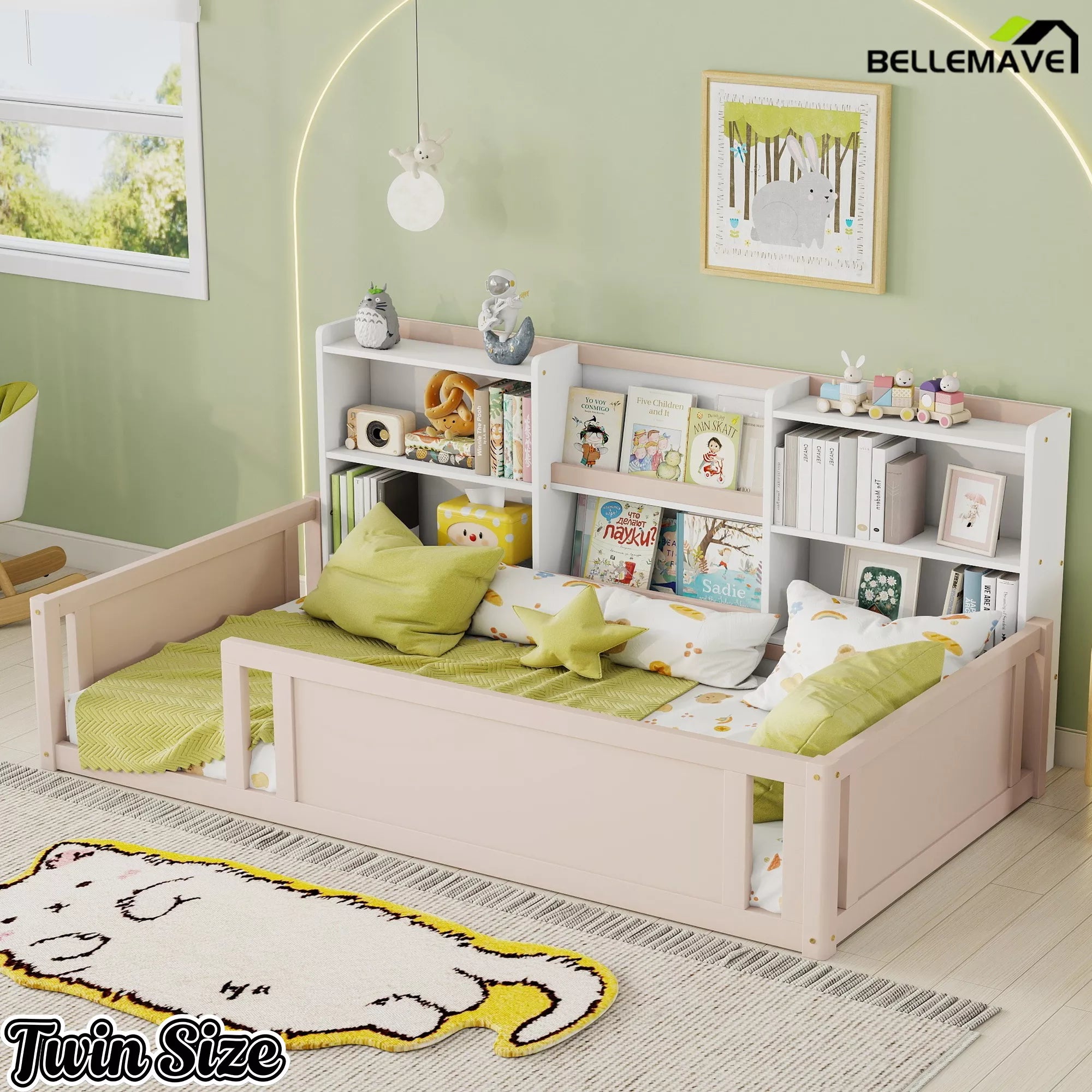 Twin kids floor bed with wooden frame and storage shelves