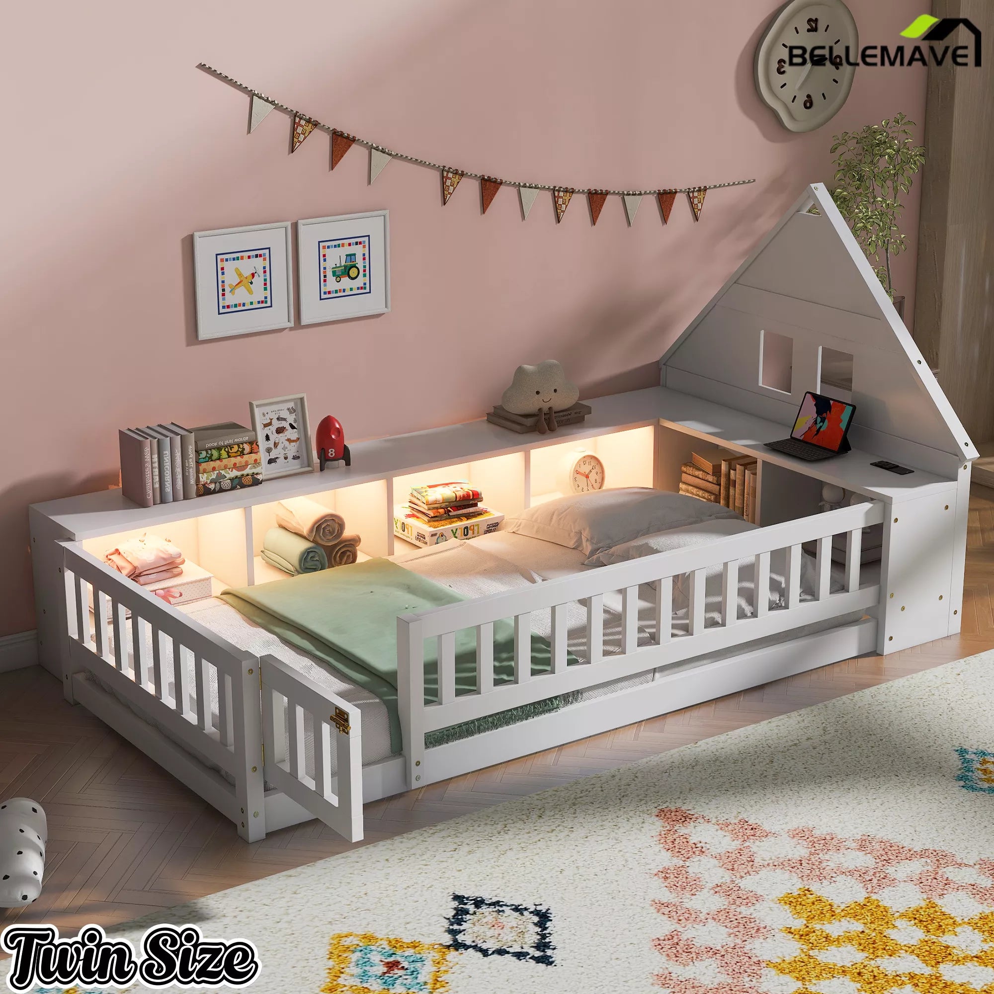 Kids Montessori floor bed with storage cabinets and LED light