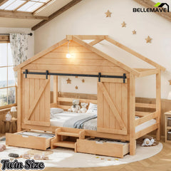 Bellemave® Farmhouse House Bed with Sliding Barn Door, Storage Drawers & Staircase, Wooden Kids House Bed Frame with Light