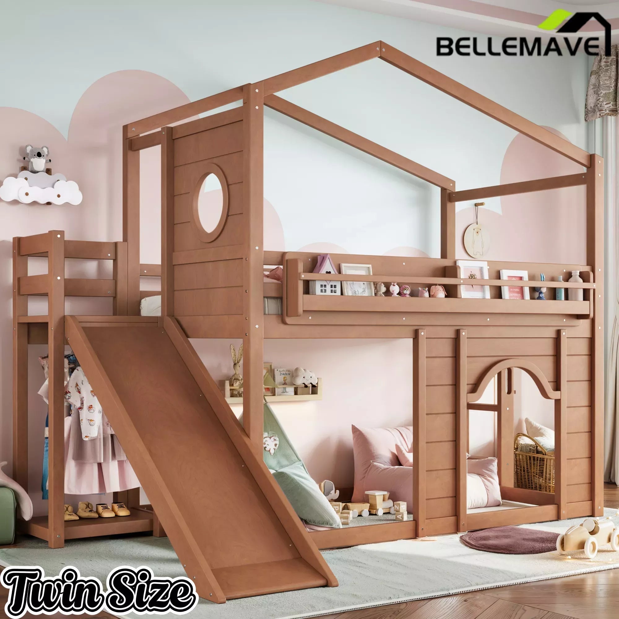 Bellemave® House Loft Bed with Slide, Bookshelves & Built-in Wardrobe | Natural Wood Playhouse Bunk Bed for Kids Bellemave®