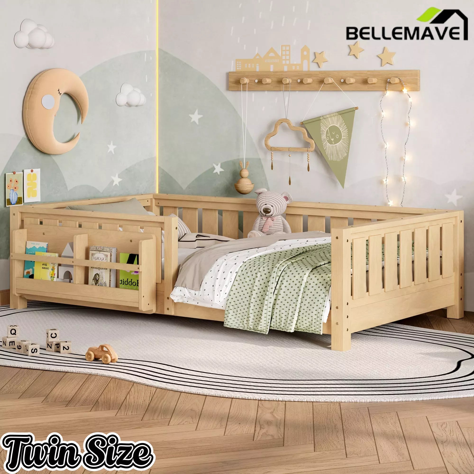 Bellemave® Kids Montessori Floor Bed with Safety Guardrails, Built-in Bookcase & Wooden Slats — Twin, Full, Queen Sizes Bellemave®