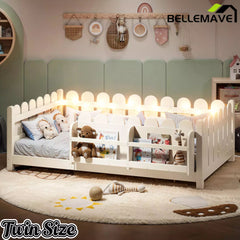 Bellemave® Solid Wood Montessori Floor Bed with High Fence Guardrails, Bookshelf & LED Light, Low Profile Kids Bed Frame Bellemave®