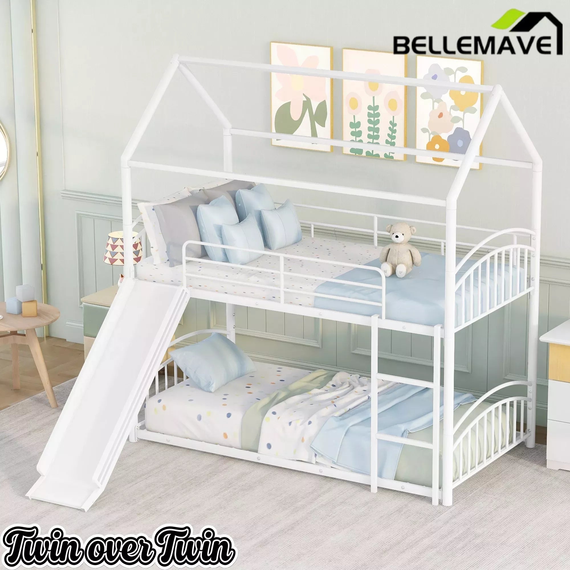 Bellemave® Metal Twin over Twin House Bunk Bed with Slide & Built-in Ladder for Kids Bellemave®