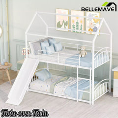 Bellemave® Metal Twin over Twin House Bunk Bed with Slide & Built-in Ladder for Kids Bellemave®