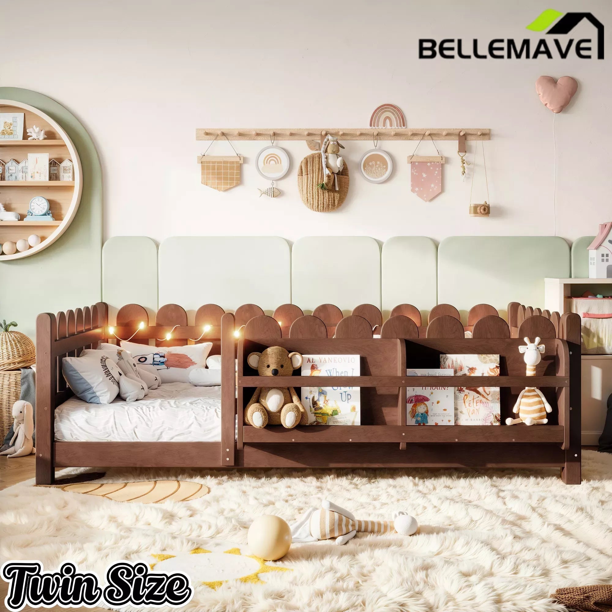 Bellemave® Solid Wood Montessori Floor Bed with High Fence Guardrails, Bookshelf & LED Light, Low Profile Kids Bed Frame Bellemave®
