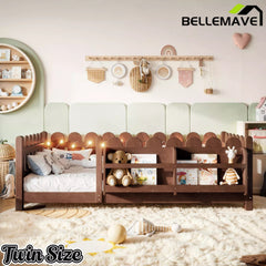 Bellemave® Solid Wood Montessori Floor Bed with High Fence Guardrails, Bookshelf & LED Light, Low Profile Kids Bed Frame Bellemave®
