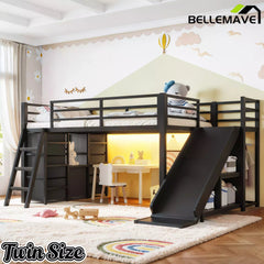 Bellemave® Twin Metal Loft Bed with Slide, 7 Drawers & LED Lights — Storage Shelves & Hanging Area for Kids Bellemave®