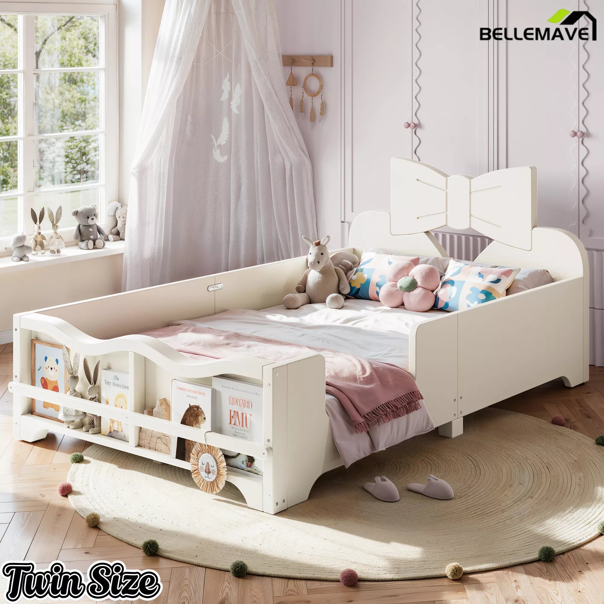 Side view white twin size Montessori kids bed frame, bow‑shaped headboard, full surrounding safety rails and built‑in bookshelf