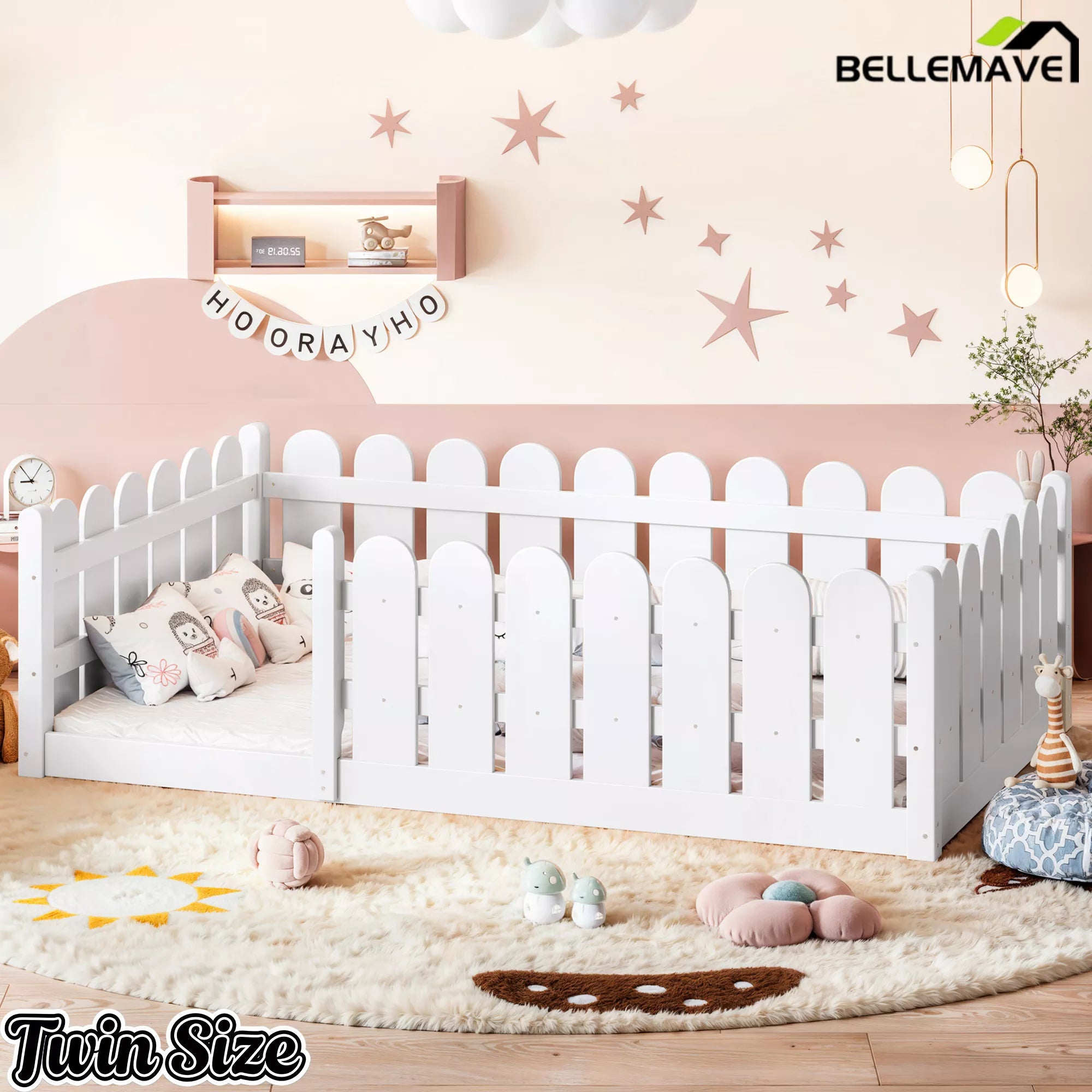picket fence style guardrails on wooden kids floor bed