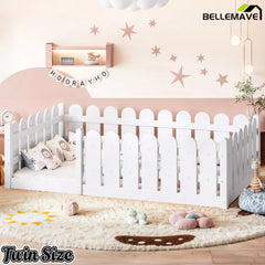 picket fence style guardrails on wooden kids floor bed