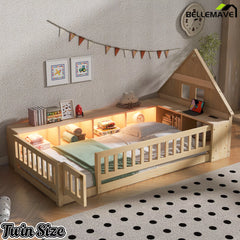 Bellemave® Twin Size Wood Floor Bed with Guardrail, House-Shaped Headboard, Storage Cabinets, LED Light & USB Port, Montessori Kids Bed Frame