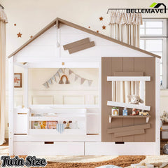 farmhouse house bed with storage drawers for kids