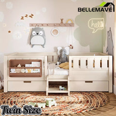 Bellemave® Montessori Bed with Stairs, Rails & Slats, Montessori Floor Bed with Bookshelf & 2 Storage Drawers for Girls & Boys Bellemave®