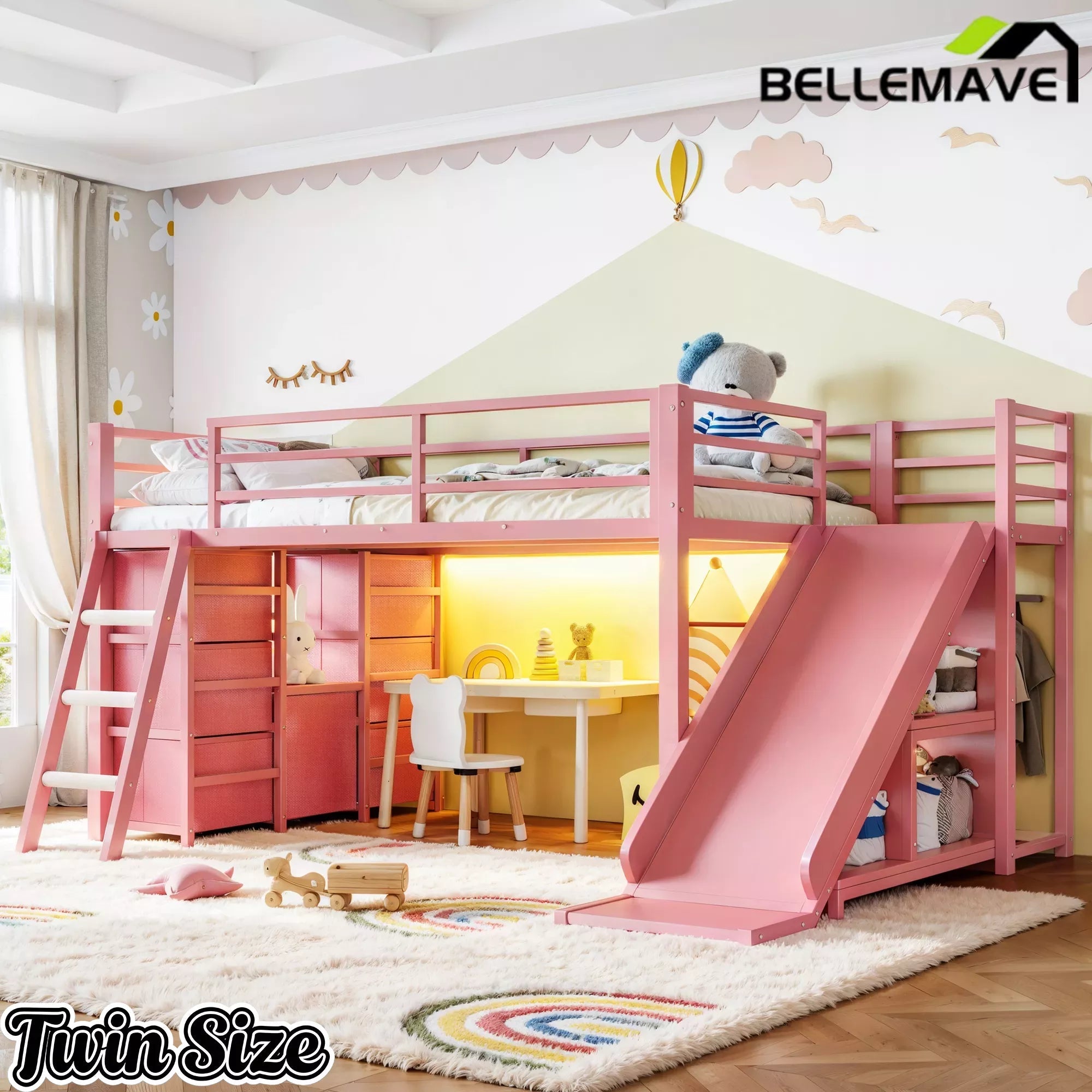 Bellemave® Twin Metal Loft Bed with Slide, 7 Drawers & LED Lights — Storage Shelves & Hanging Area for Kids Bellemave®