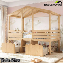 Bellemave® House Bed with Stairs & Storage Drawers for Kids, Wood Low Loft Bed Frame, House-shaped Roof, Childlike Design, Farmhouse Style Bellemave®